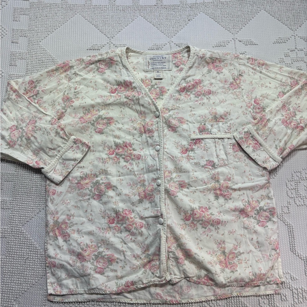 Victoria's Secret Cream Button-Up Top with Pink Rose Print Country Cottons